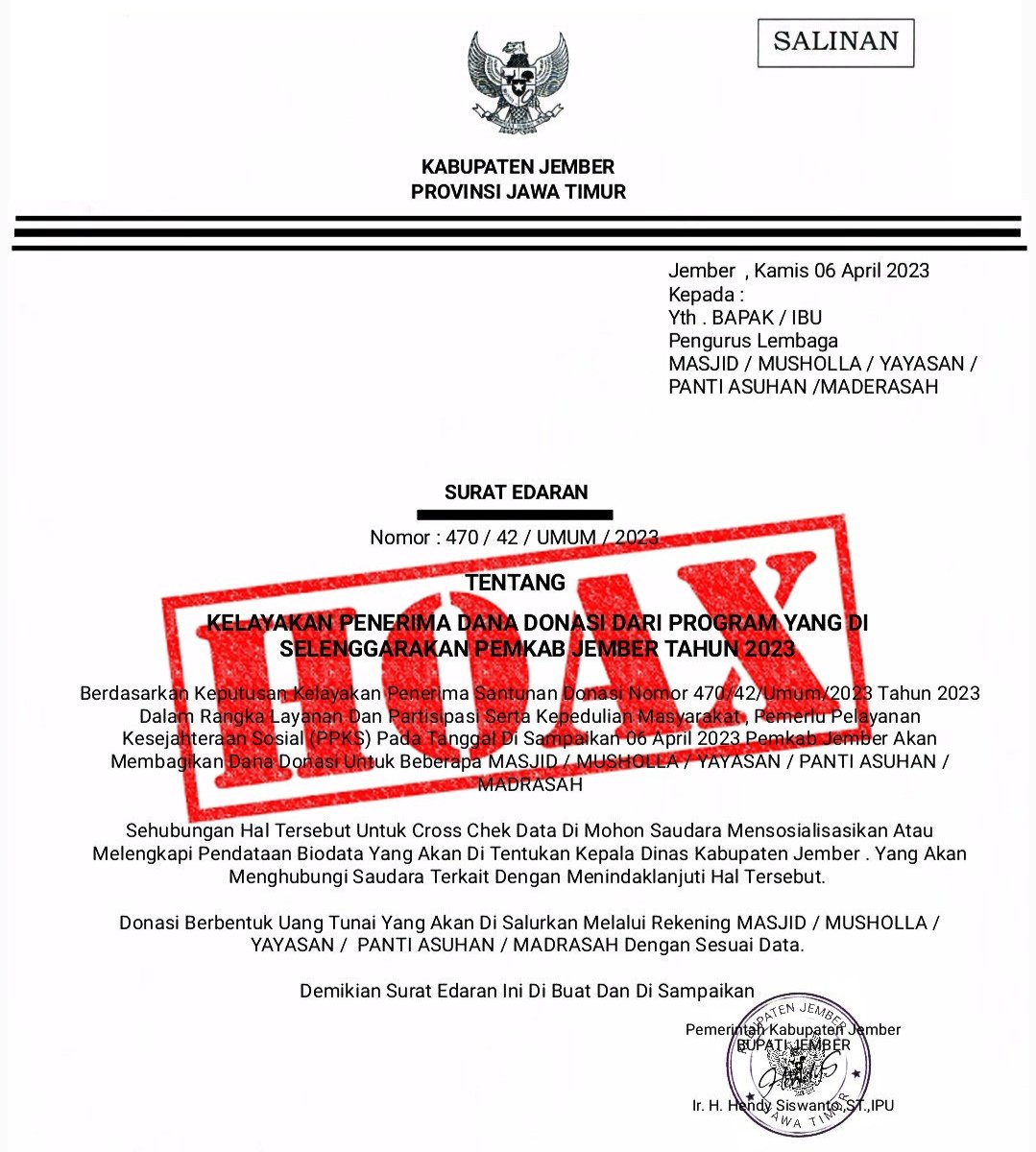 Kadinsos Jember Imbau Warga Abaikan Surat Edaran palsu Bupati Jember Soal Kelayakan Penerima Donasi