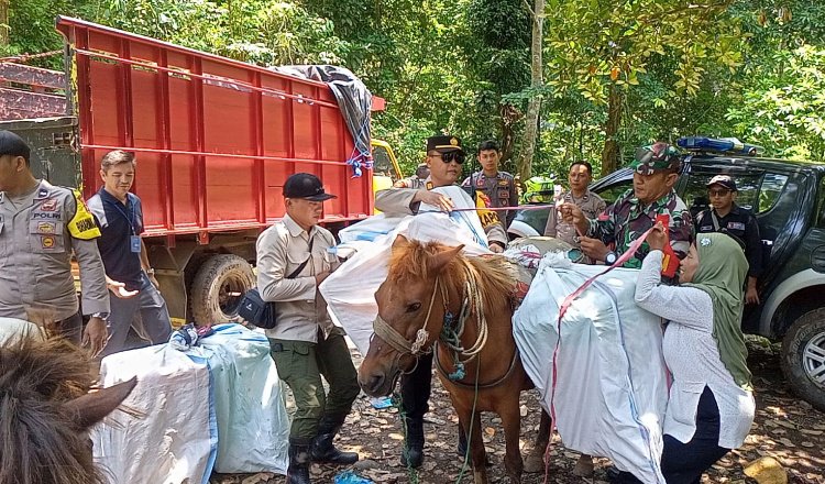 Logistik Pemilu 2024 hendak diantarkan menggunakan kuda. (Foto: Humas Polres Jember)