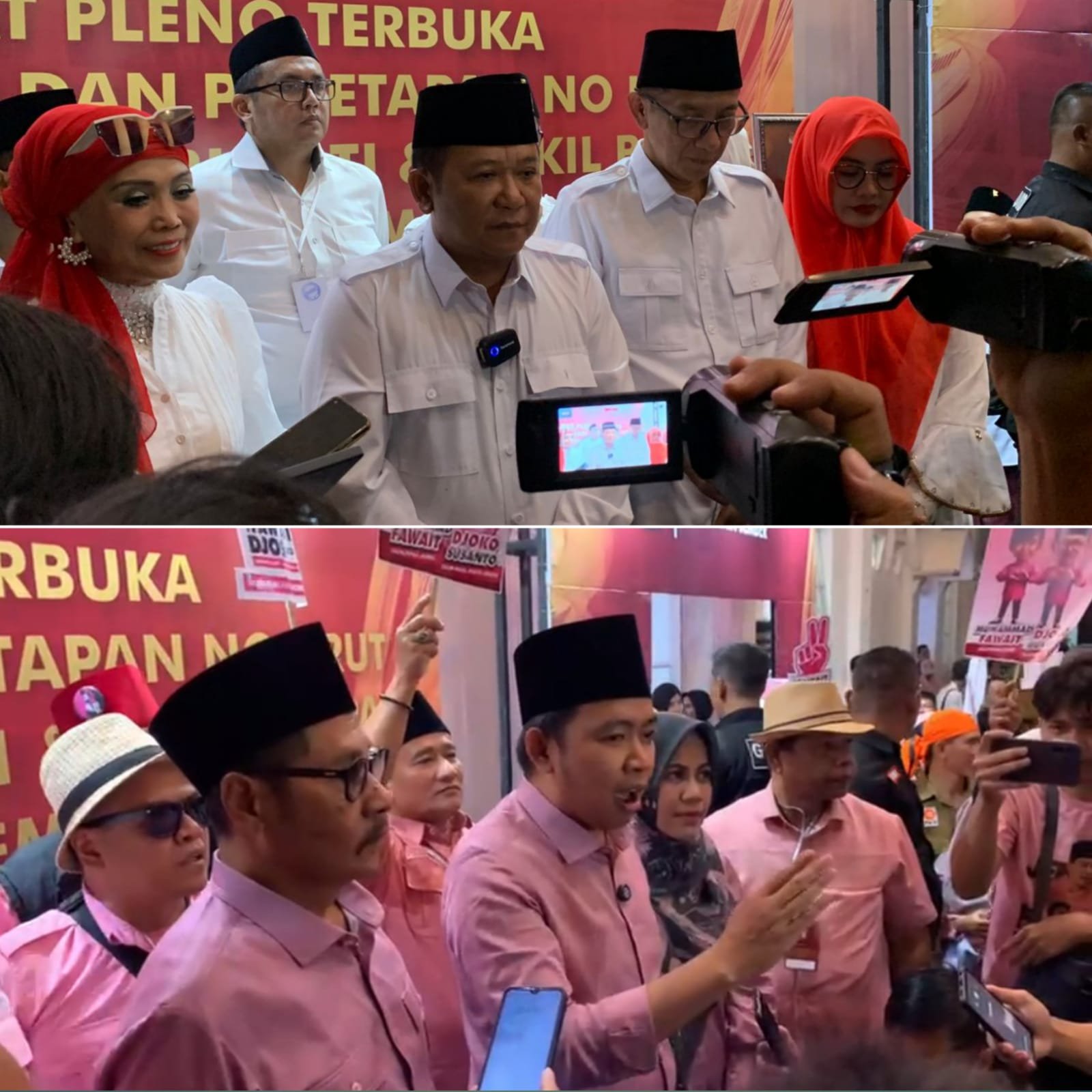 Kedua kandidat Pilkada Jember diwawancarai awak media usai undi nomor urut, Senin (23/9/2024), malam. (Foto: Zainul Hasan)