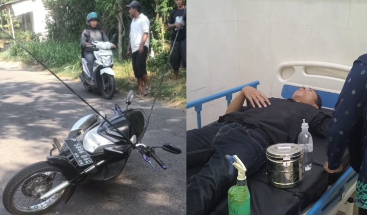Motor korban saat tersangkut kabel PLN (kiri), korban saat mendapatkan perawatan medis di Puskesmas Mumbulsari (kanan). (Foto: Teamwork)