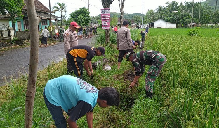 Unsur Muspika Mumbulsari Jember dan warga setempat gotong-royong membersihkan irigasi di Desa Karangkedawung, Jumat (13/12/2024). (Foto: Istimewa)