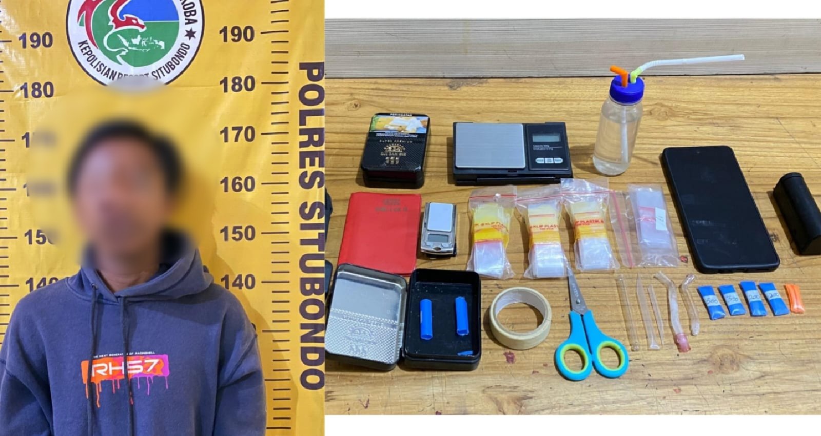 Pengedar sabu, MF, berserta barang bukti saat diamankan di Mapolres Situbondo. (Foto: Humas Polres Situbondo)