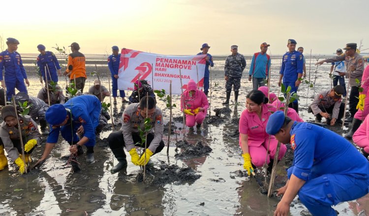 Jajaran Polres Situbondo menanam mangrove di pesisir pantai Cemara, Jumat (27/6/2025). (Foto: Humas Polres)