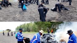 Warga PSHT dan Baret Rescue NasDem Jember membersihkan Pantai Macema. (Foto: Dok/Istimewa)