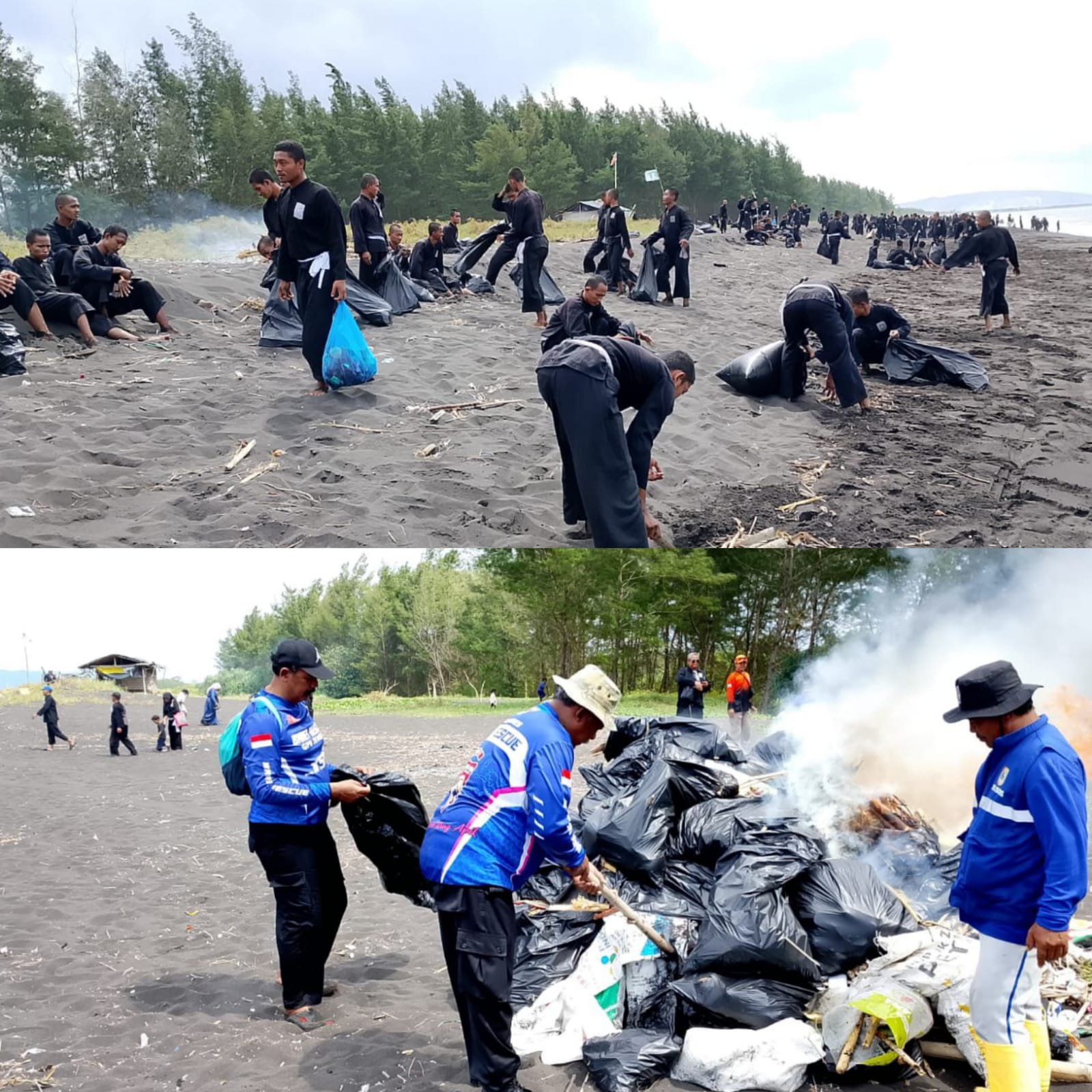 Warga PSHT dan Baret Rescue NasDem Jember membersihkan Pantai Macema. (Foto: Dok/Istimewa)