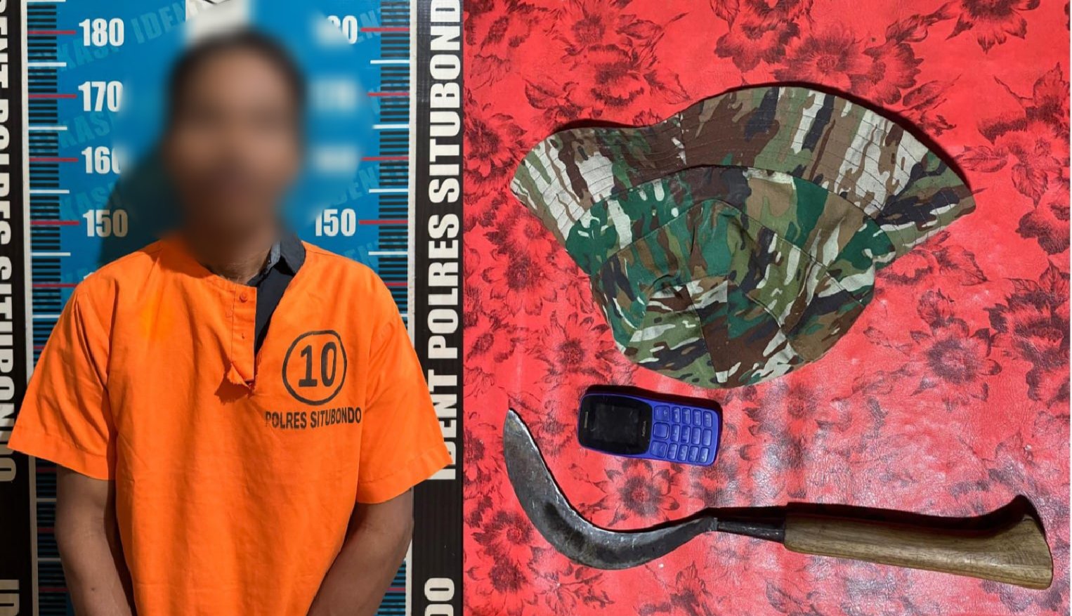 Pelaku penganiayaan berat beserta barang bukti diamankan di Mapolres Situbondo. (Foto: Humas Polres Situbondo)