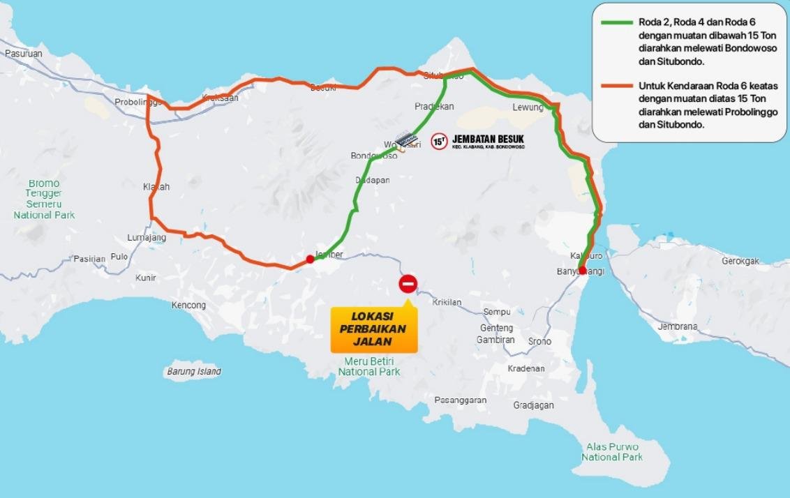 Peta rute alternatif bagi pengendara jalur Gumitir. (Foto: Istimewa)