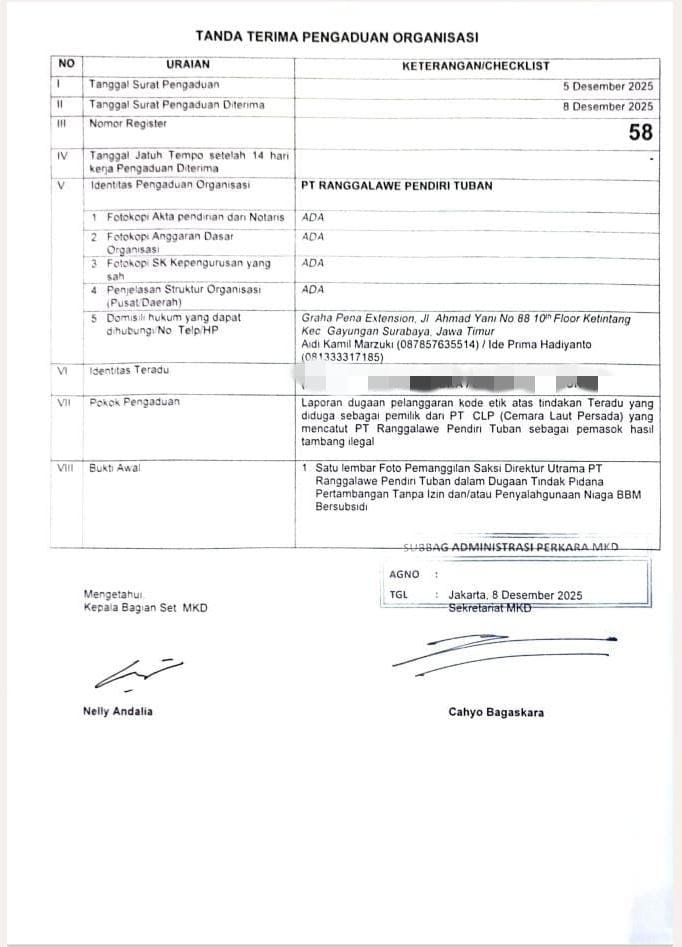 Tanda terima pengaduan Anggota DPR RI berinisial KLM yang diadukan ke MKD. (Foto: Istimewa - ZONA INDONESIA)