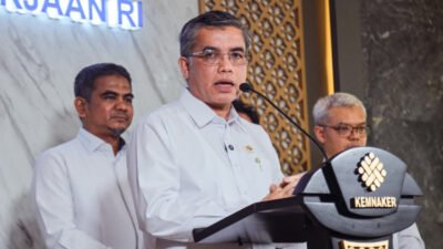 Konferensi pers di Gedung Kementerian Ketenagakerjaan, Jakarta, Rabu (1/4/2026). (Foto: Dok/Biro Humas Kemnaker - ZONA INDONESIA)