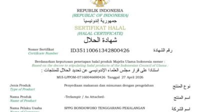 Sertifikat halal diberikan pada SPPG Pekalangan dari Badan Penyelenggara Jaminan Produk Halal (BPJPH) pada 28 April 2026. (Foto: Istimewa - ZONA INDONESIA)