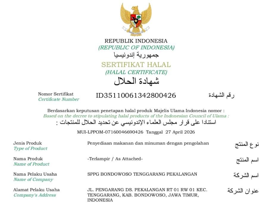 Sertifikat halal diberikan pada SPPG Pekalangan dari Badan Penyelenggara Jaminan Produk Halal (BPJPH) pada 28 April 2026. (Foto: Istimewa - ZONA INDONESIA)