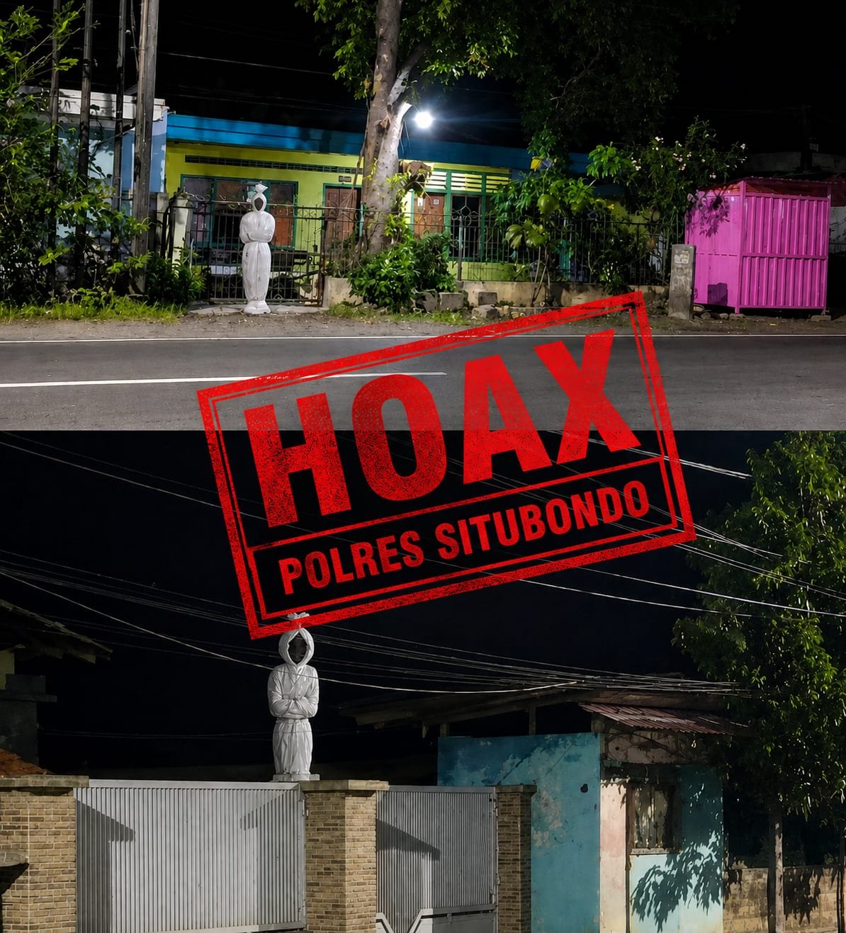 Foto editan AI menampilkan sesosok pocong berdiri di salah satu rumah warga. (Foto: Dok/Humas Polres Situbondo - ZONA INDONESIA)