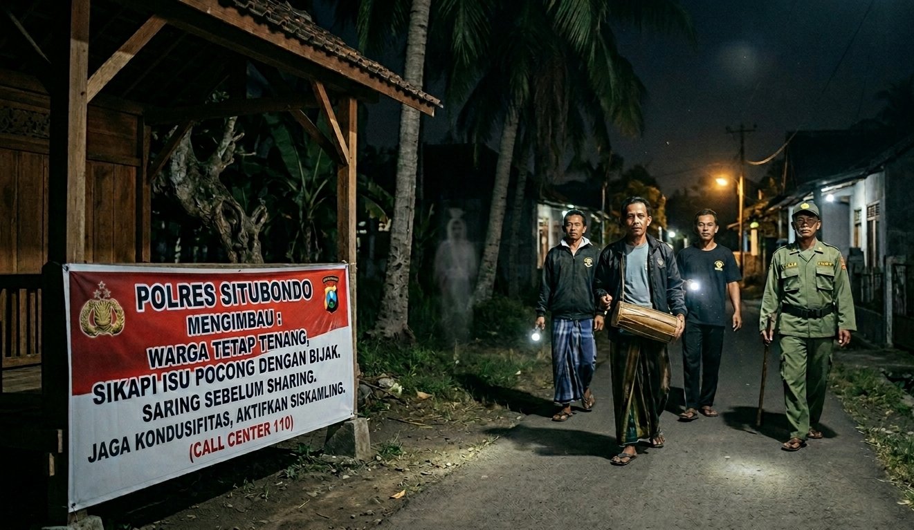 Warga ronda menyikapi isu pocong viral. (Gambar ilustrasi, dibuat dengan AI)